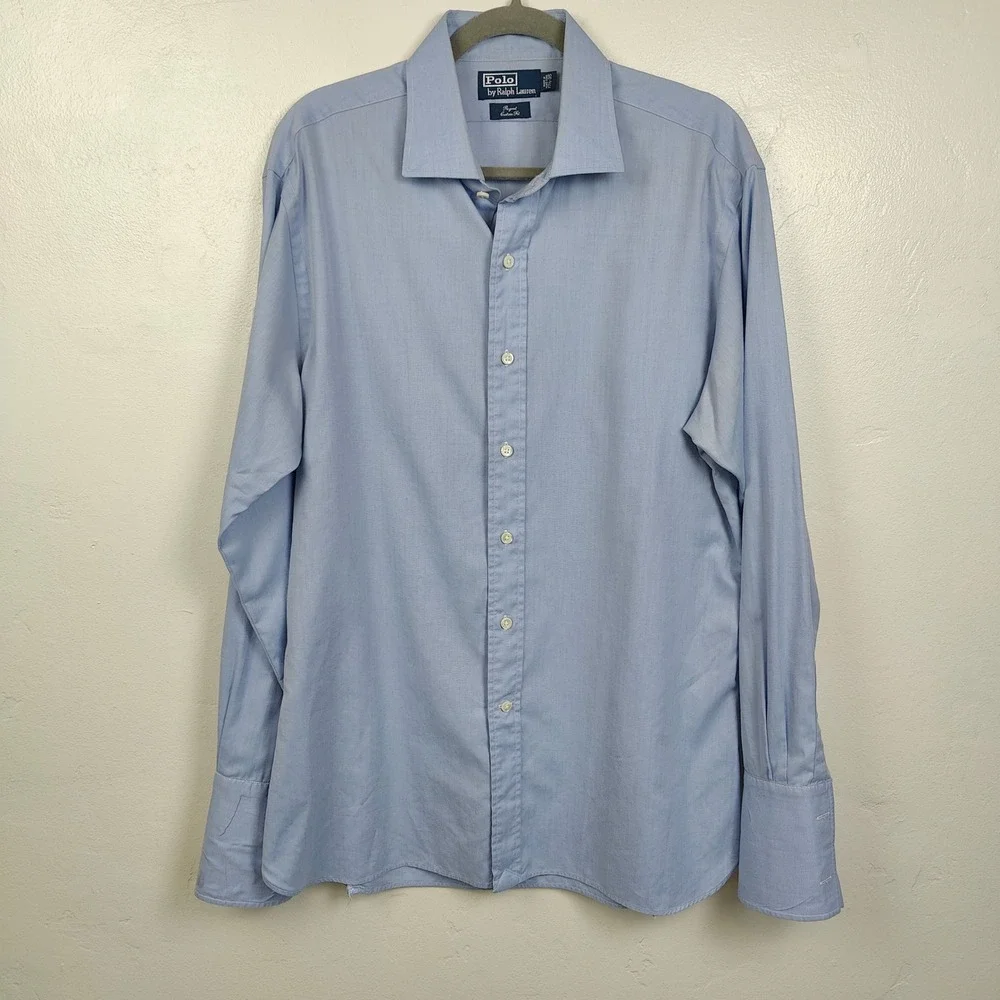 Polo Ralph Lauren‎ Regent Shirt Mens 17.5 Blue Herringbone French Cuff Preppy